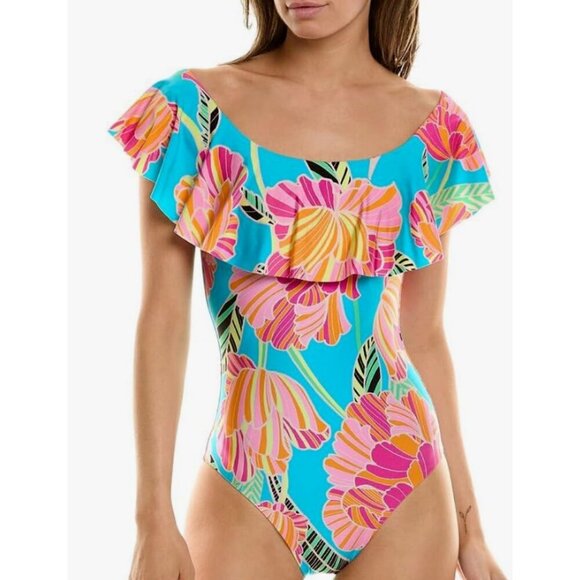 New Trina Turk Poppy Off Shoulder Swimsuit Womens 8 Ruffle One Piece Floral - Picture 1 of 9